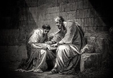 St. Paul, imprisoned, ends the letter to the Ephesians, and hands it over to Tychicus (Ephesians 6, 21-23). Wood engraving Gustave Dore